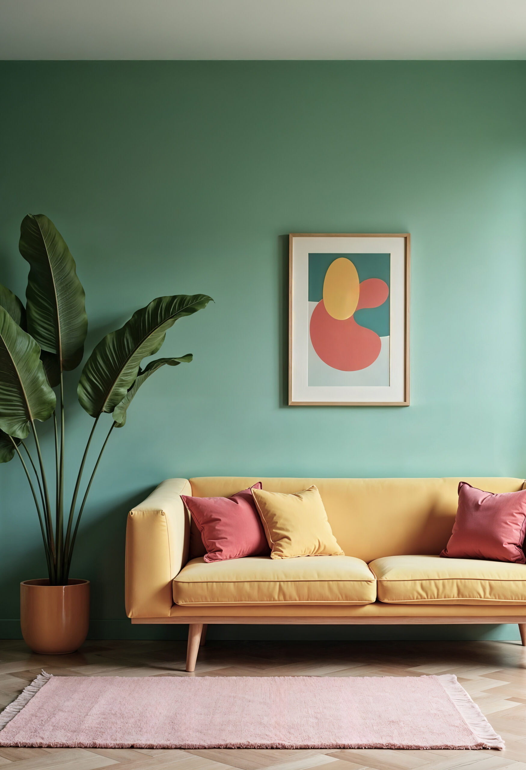 living room with yellow sofa pink rug green wall